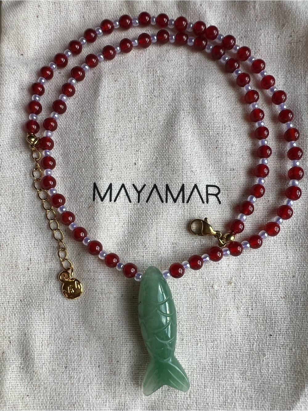 Mayamar Red Beaded Necklace with Green Fish Pendant NWOT